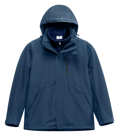 Navy blue men’s hooded windbreaker jacket with zip front and vertical chest zip