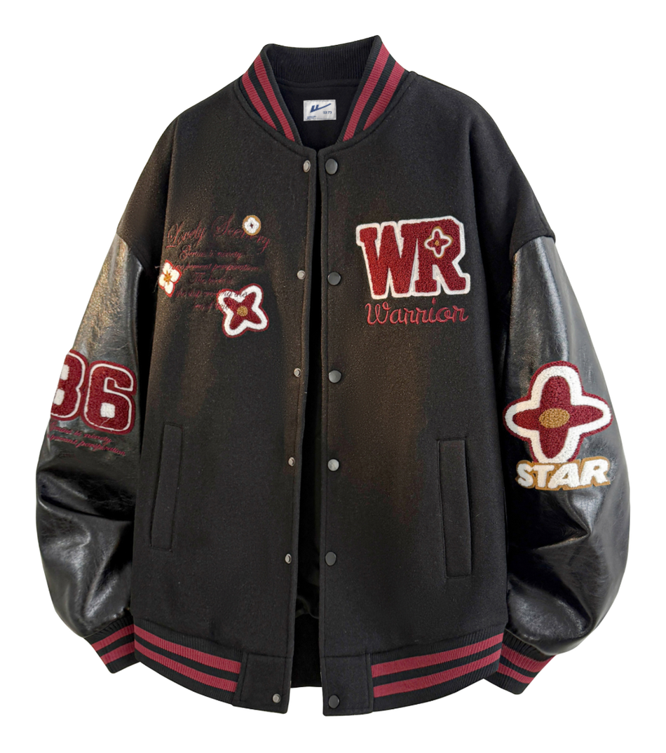 Warrior American Heavy duty Retro Towel Embroidered Logo Contrast Splicing Leather Personalized Design Trendy Versatile Loose Casual Campus Style Couple Windproof Thick Long Sleeve Jacket Autumn/Winter Cotton Jacket Baseball Jacket Unisex  VJSNEAKER