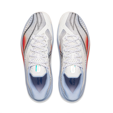 Pair of men's basketball shoes, white laces with light blue lining and red forefoot print.