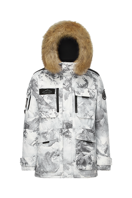 White winter down jacket with gray abstract print, faux-fur hood, and flap pockets