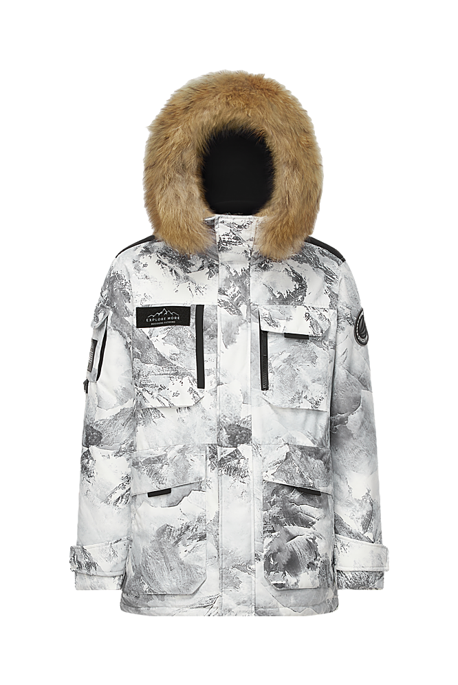 White winter down jacket with gray abstract print, faux-fur hood, and flap pockets