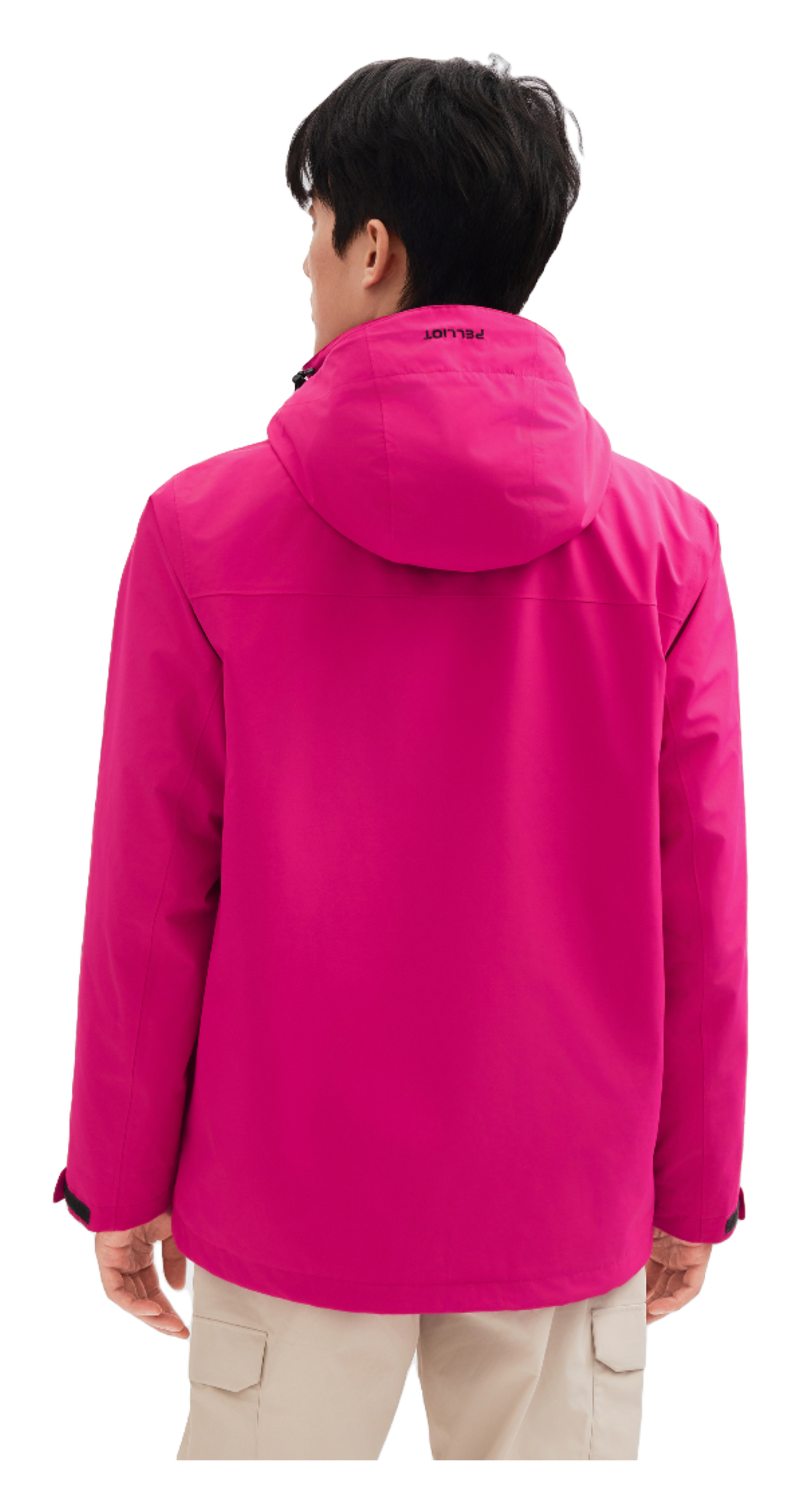 Men's magenta windbreaker jacket, back view with attached hood and center zipper