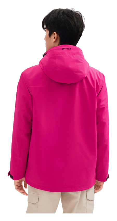 Men's magenta windbreaker jacket, back view with attached hood and center zipper