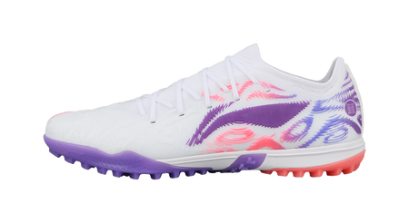 White soccer shoe with purple and pink graphic accents, lace-up turf sole