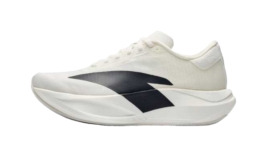 Women’s low-top running shoes with white upper and black diagonal logo, thick sole