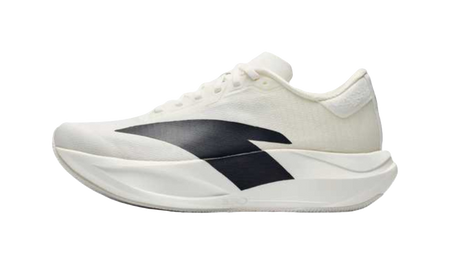 Women’s low-top running shoes with white upper and black diagonal logo, thick sole
