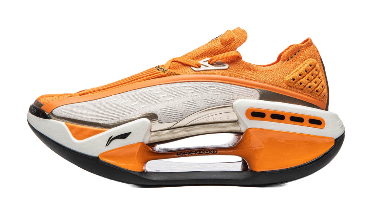 Li-Ning Shadow running shoe in orange with white midsole and black outsole, lace-up design