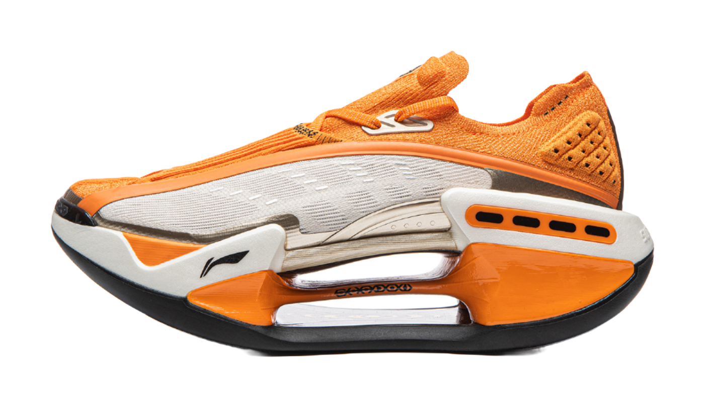 Li-Ning Shadow running shoe in orange with white midsole and black outsole, lace-up design