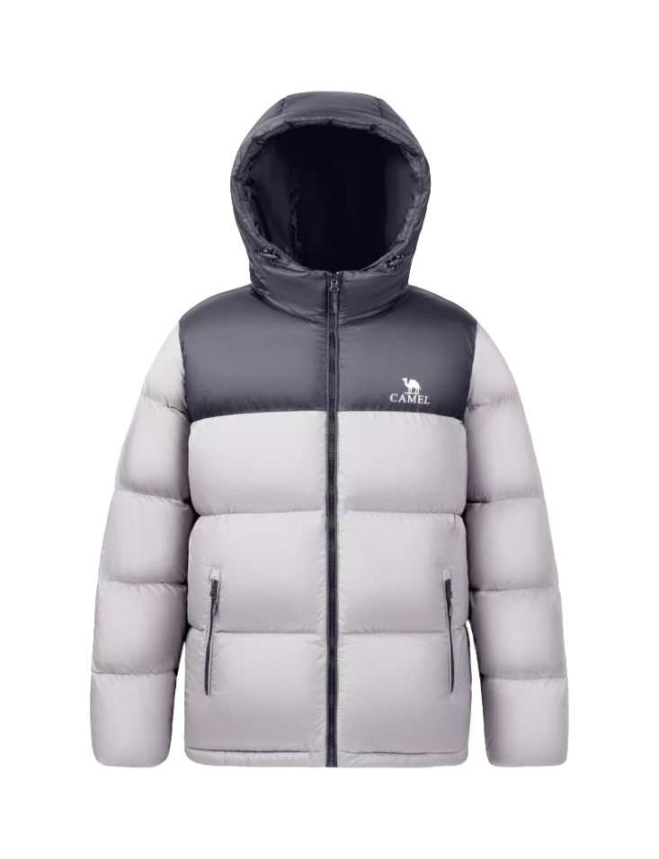 Unisex hooded down jacket in gray and light gray color-block with full-zip front.
