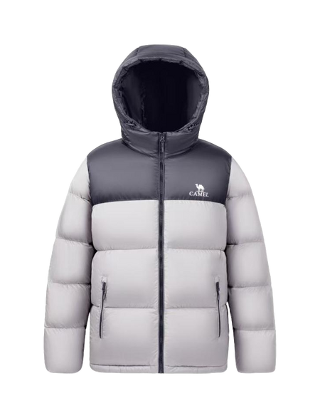 Unisex hooded down jacket in gray and light gray color-block with full-zip front.