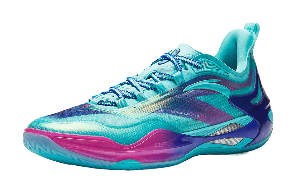 Unisex basketball shoe with teal mesh upper, purple accents, and cushioned sole