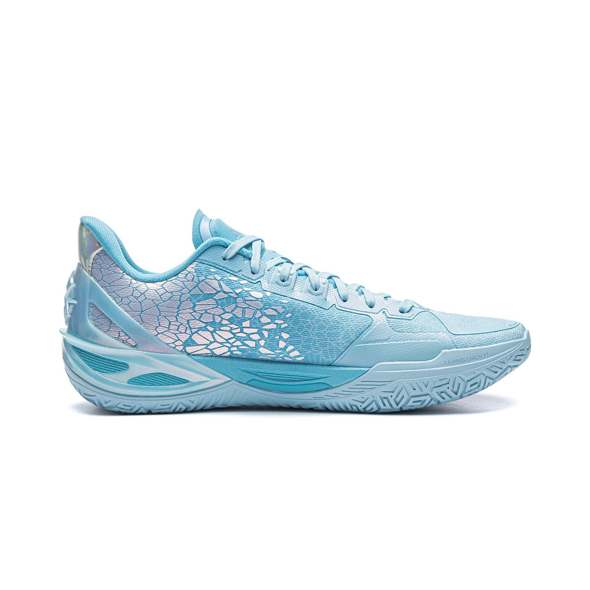 Light blue basketball shoe side view with textured pattern and blue outsole details