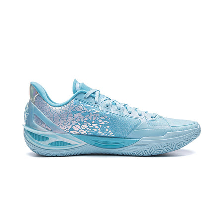 Light blue basketball shoe side view with textured pattern and blue outsole details