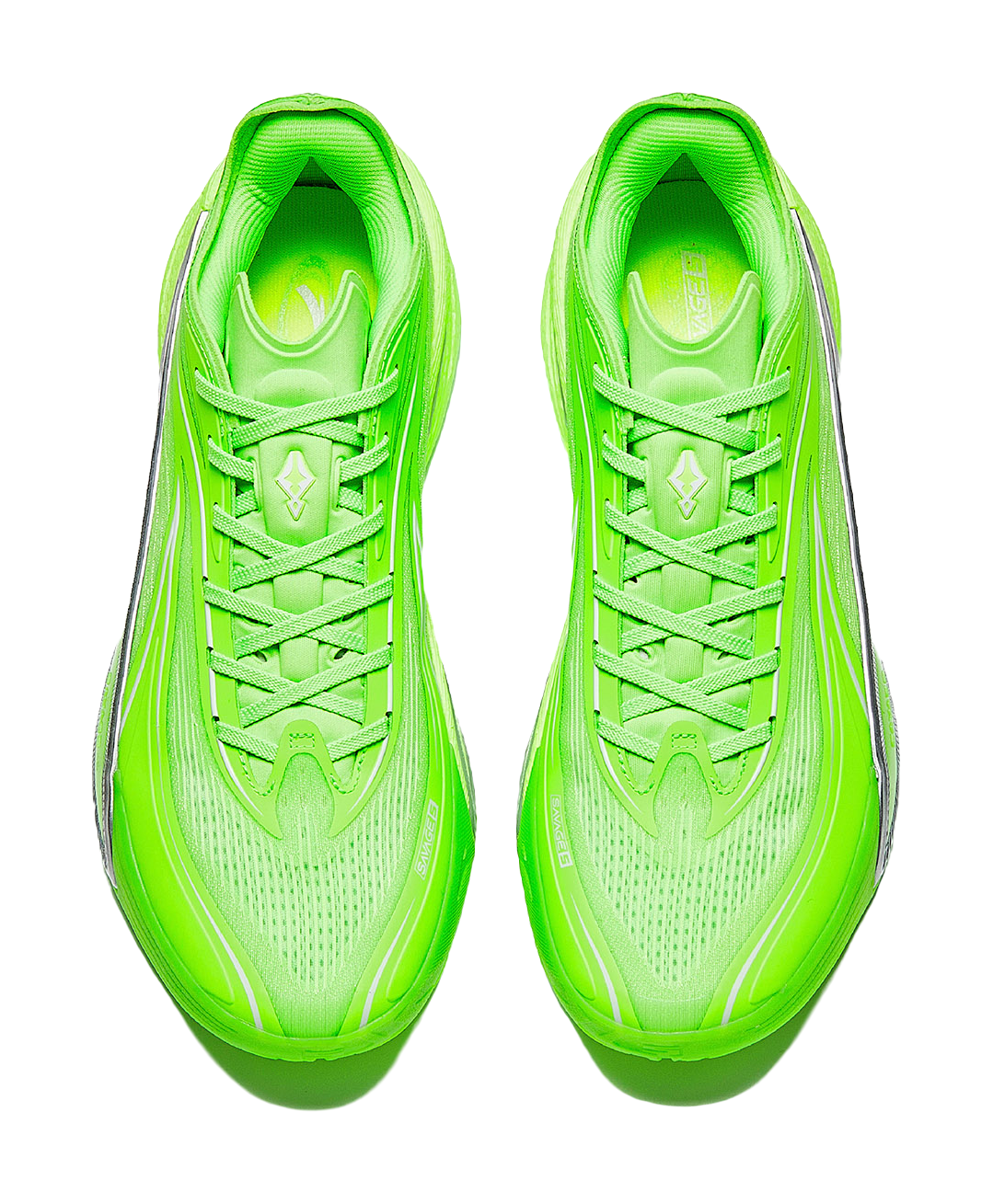 Pair of fluorescent green low-top basketball shoes, front view with lace-up and mesh