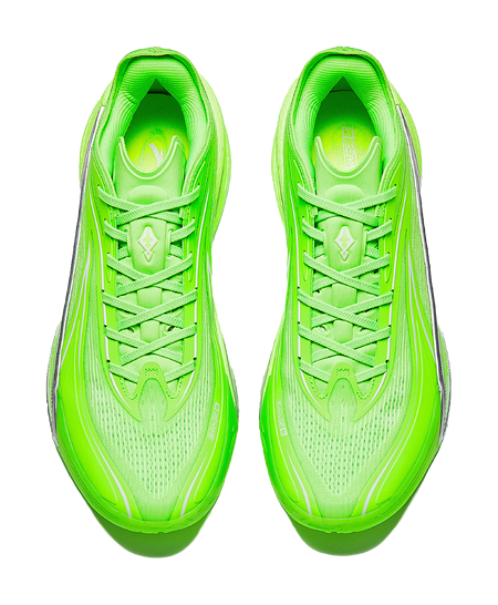 Pair of fluorescent green low-top basketball shoes, front view with lace-up and mesh