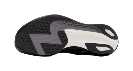 Black rubber outsole with deep tread pattern and white traction accents