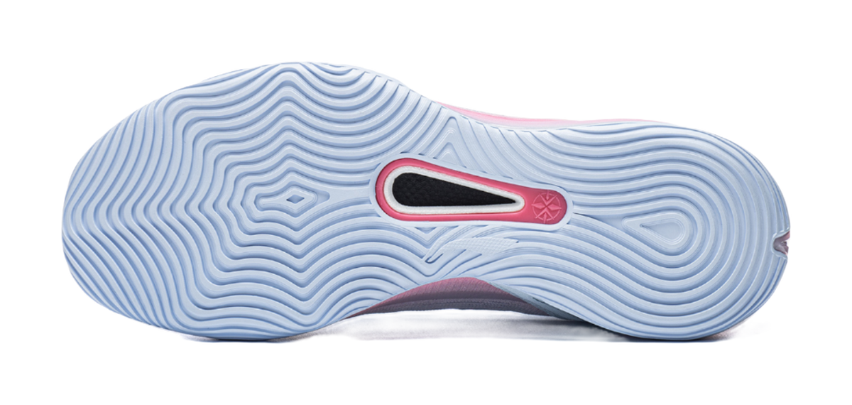 Men's basketball shoe outsole, light blue tread with pink-and-black traction stripe