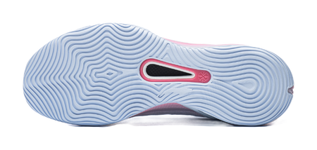 Men's basketball shoe outsole, light blue tread with pink-and-black traction stripe