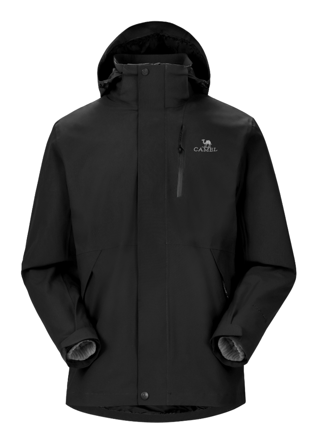 Black hooded waterproof jacket, full-zip, drawcord hood, chest logo.