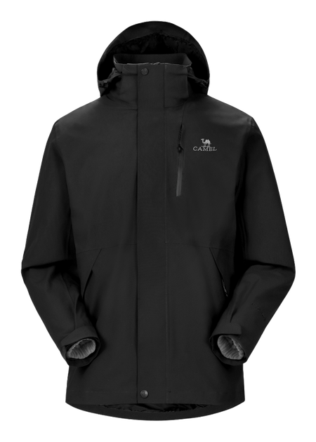 Black hooded waterproof jacket, full-zip, drawcord hood, chest logo.