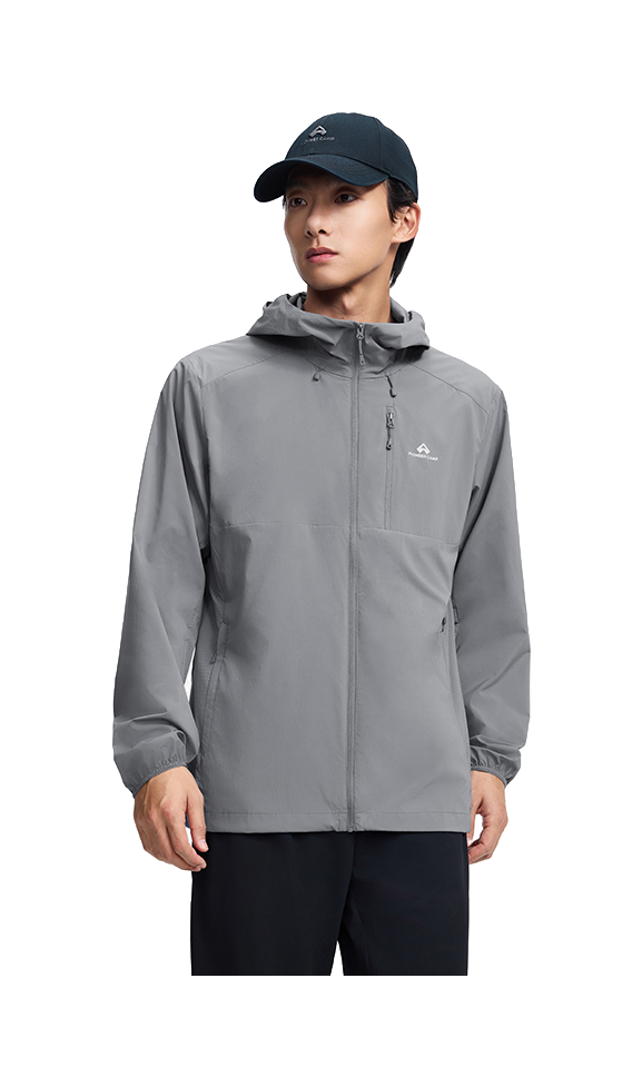 Men's hooded sun jacket, medium gray, front zipper and chest logo