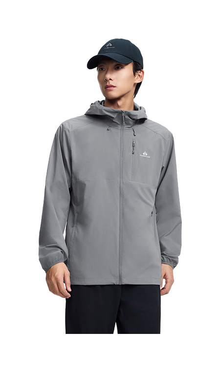 Men's hooded sun jacket, medium gray, front zipper and chest logo