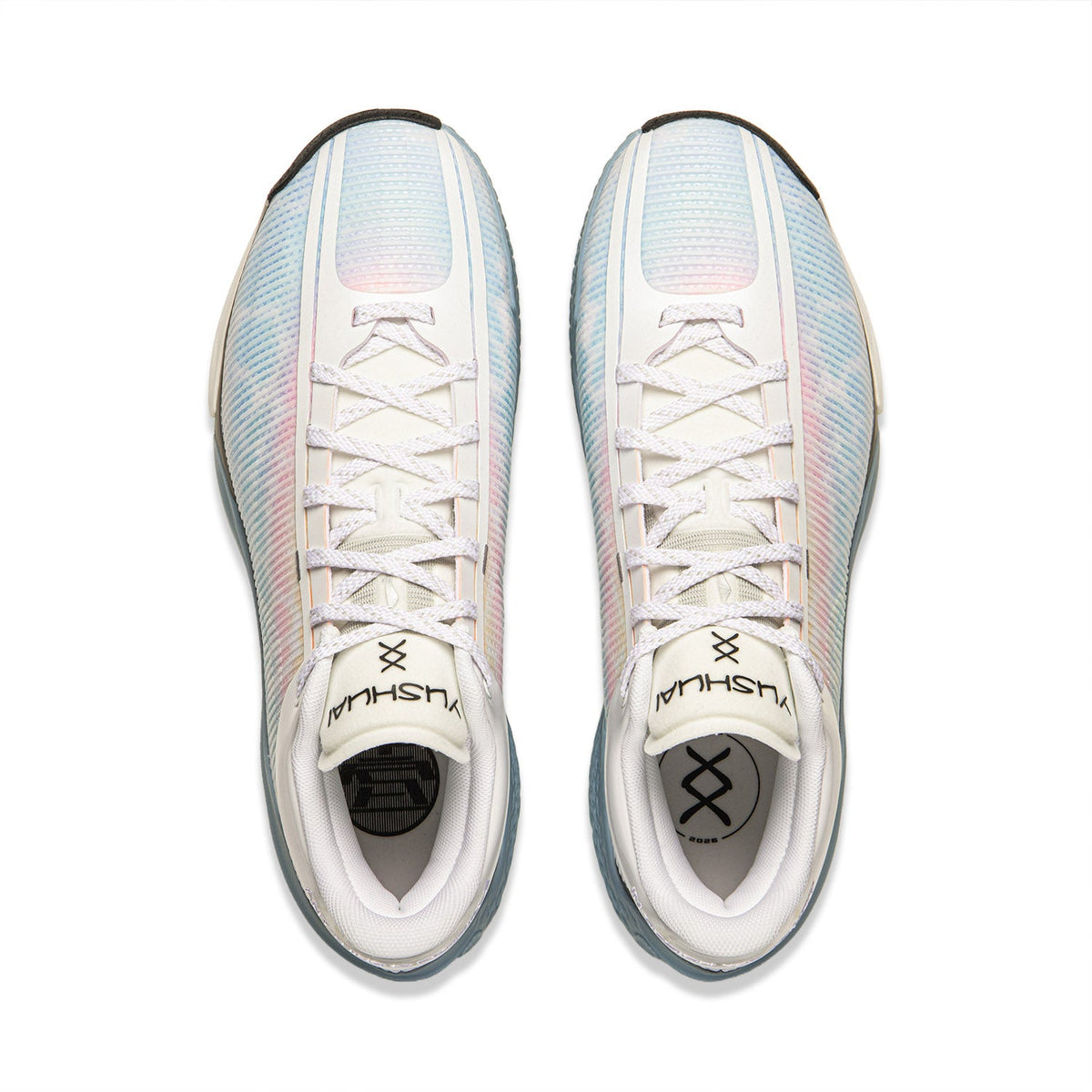 Pair of men's basketball shoes, white laces with blue sole, black logo on tongue