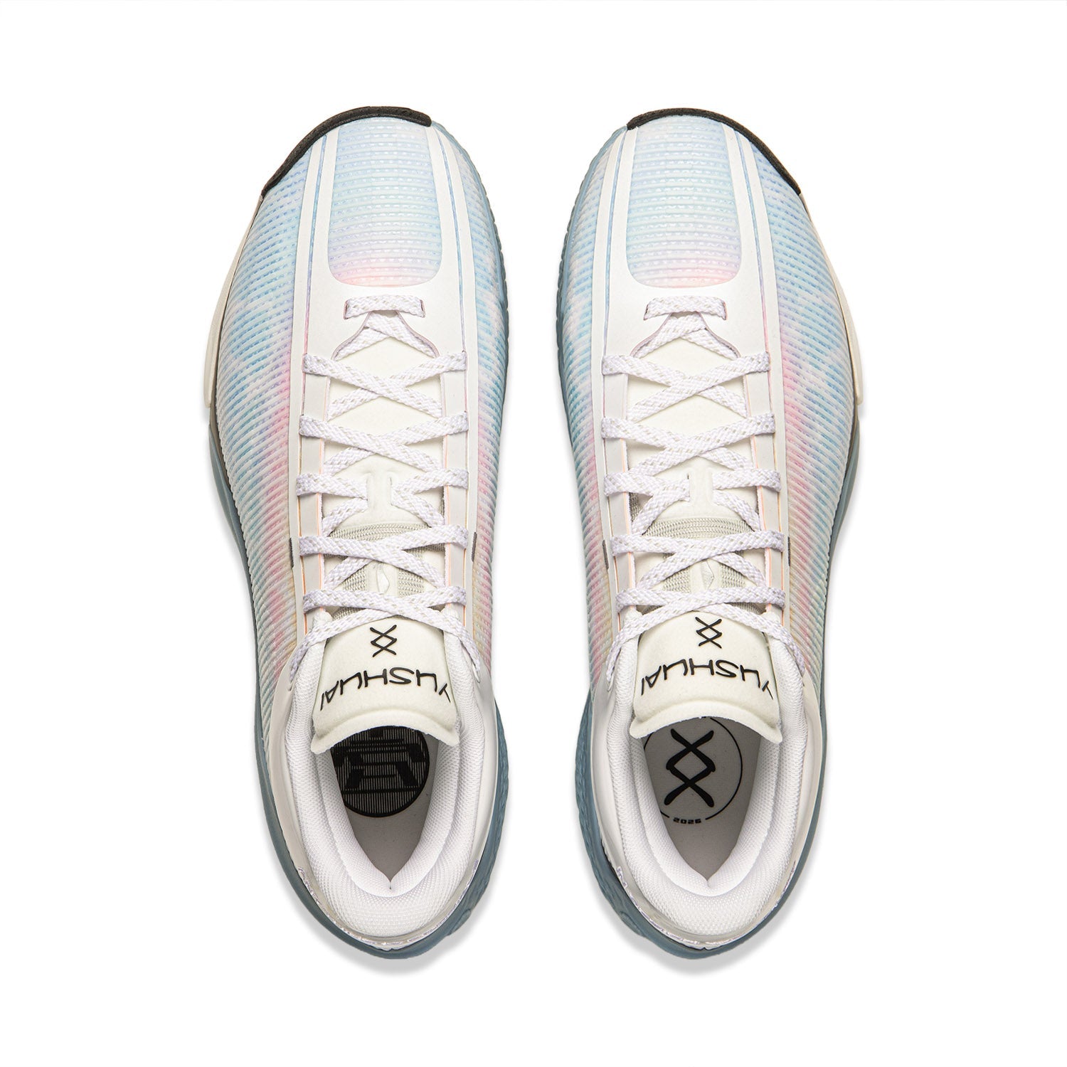 Pair of men's basketball shoes, white laces with blue sole, black logo on tongue
