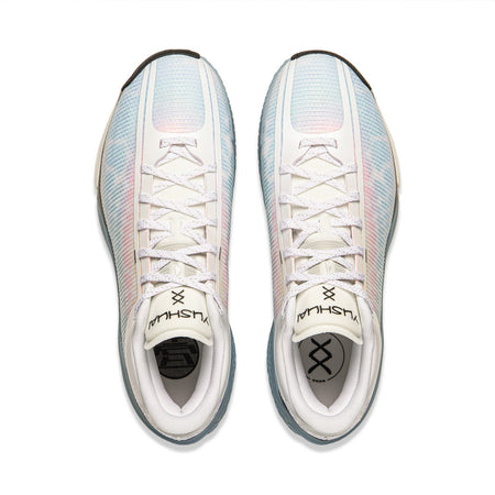 Pair of men's basketball shoes, white laces with blue sole, black logo on tongue