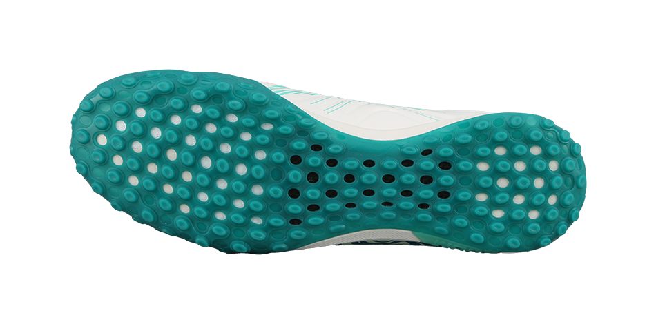 Unisex soccer cleat outsole: teal turf studs on white base
