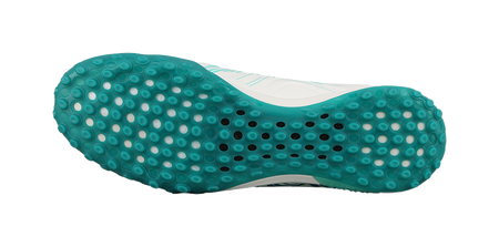 Unisex soccer cleat outsole: teal turf studs on white base