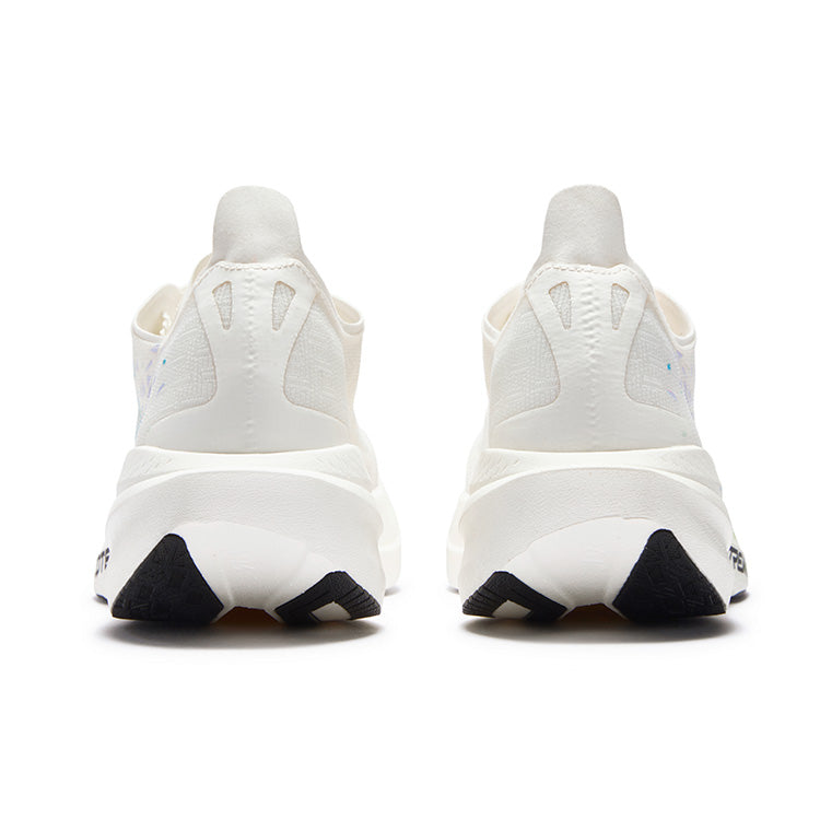 White running shoes rear view, cushioned heel, textured upper, black outsole tabs