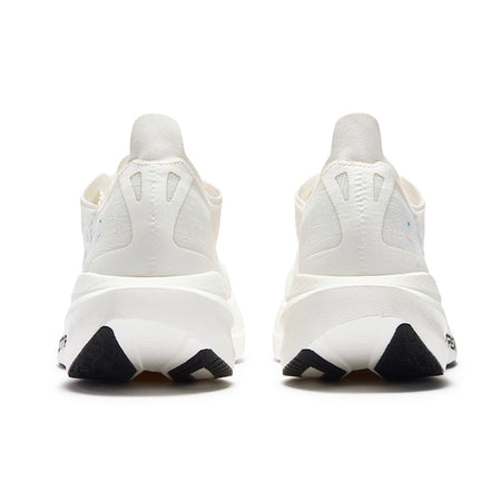 White running shoes rear view, cushioned heel, textured upper, black outsole tabs