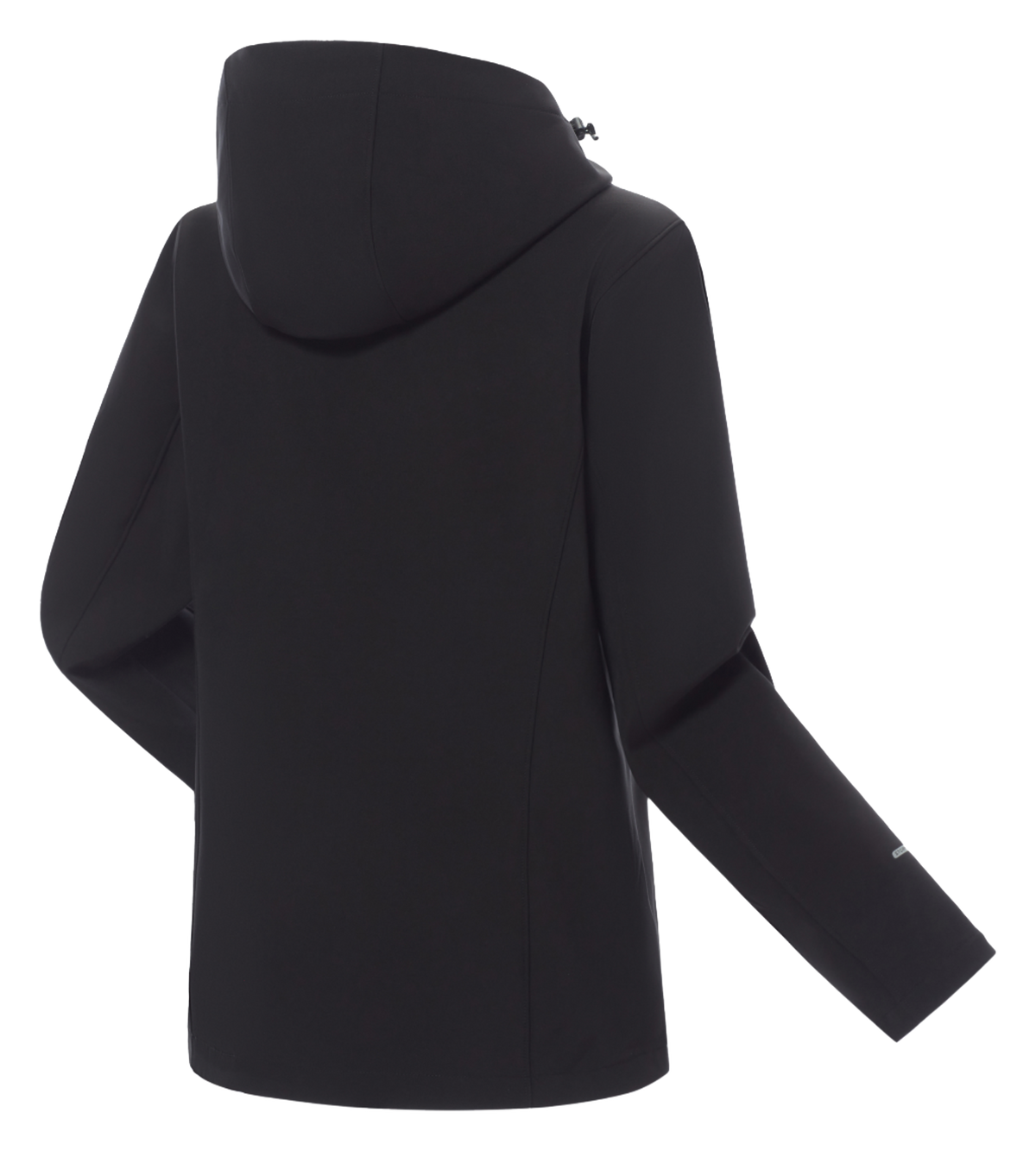 Women's soft shell jacket in dark black, hooded back view with full-length sleeves
