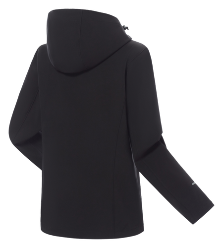 Women's soft shell jacket in dark black, hooded back view with full-length sleeves