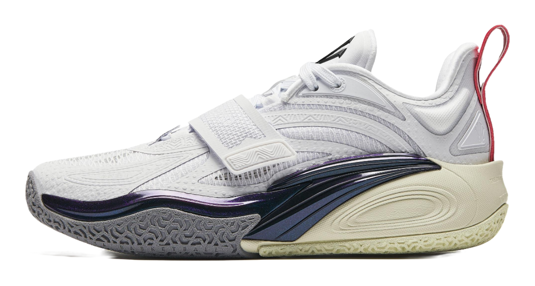 White basketball shoe with navy and purple side stripes, red heel pull tab.