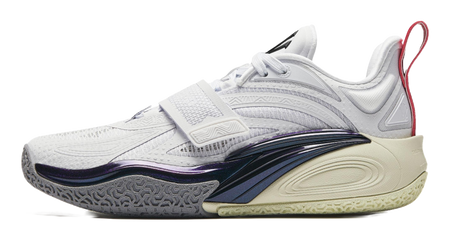 White basketball shoe with navy and purple side stripes, red heel pull tab.