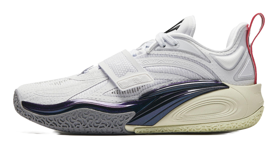 White basketball shoe with navy and purple side stripes, red heel pull tab.