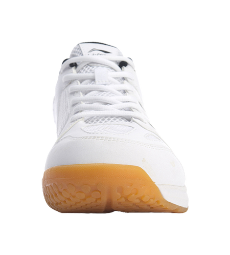 Unisex badminton shoe heel, white upper with padded collar and orange gum sole