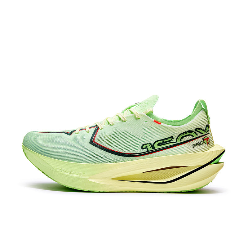 Light green marathon racing shoe, lace-up design with black side logo and cream sole
