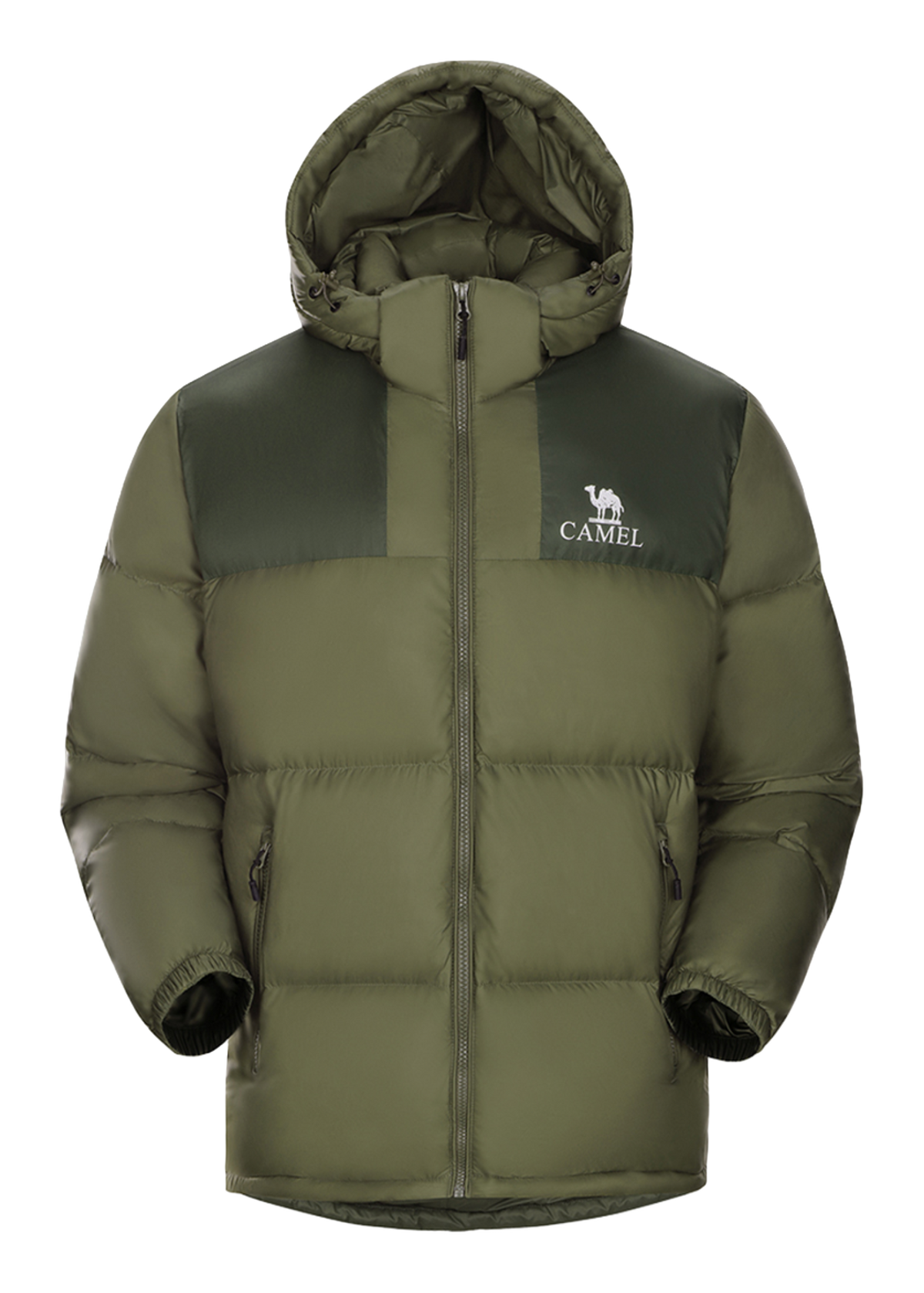 Olive green hooded puffer jacket with CAMEL logo, full zip front.