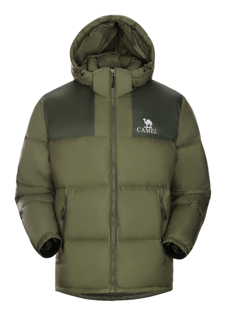 Olive green hooded puffer jacket with CAMEL logo, full zip front.