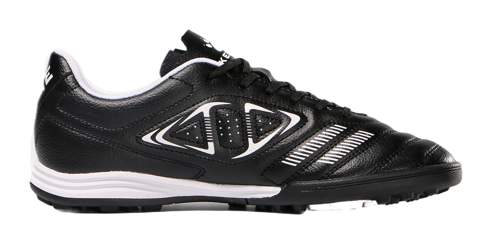 Black TF training soccer shoe with bold white stripes, lace-up, and white outsole