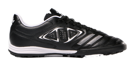 Black TF training soccer shoe with bold white stripes, lace-up, and white outsole