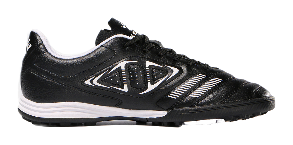 Black TF training soccer shoe with bold white stripes, lace-up, and white outsole