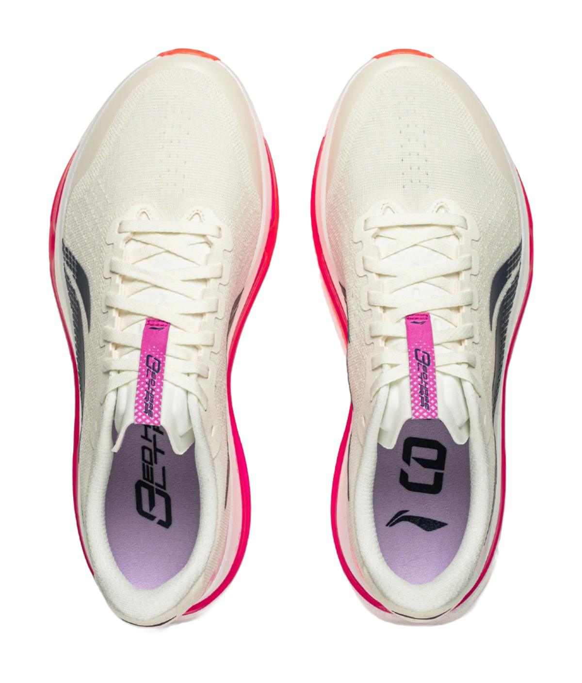 Pair of men's running shoes, white uppers with laces and purple/gray inside branding