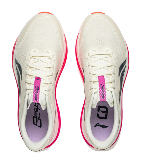 Pair of men's running shoes, white uppers with laces and purple/gray inside branding