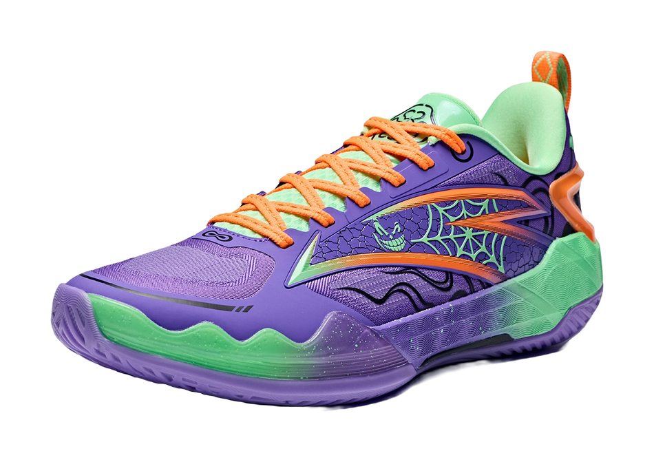 Men's low-top basketball shoes in grape purple with green outsole and orange laces