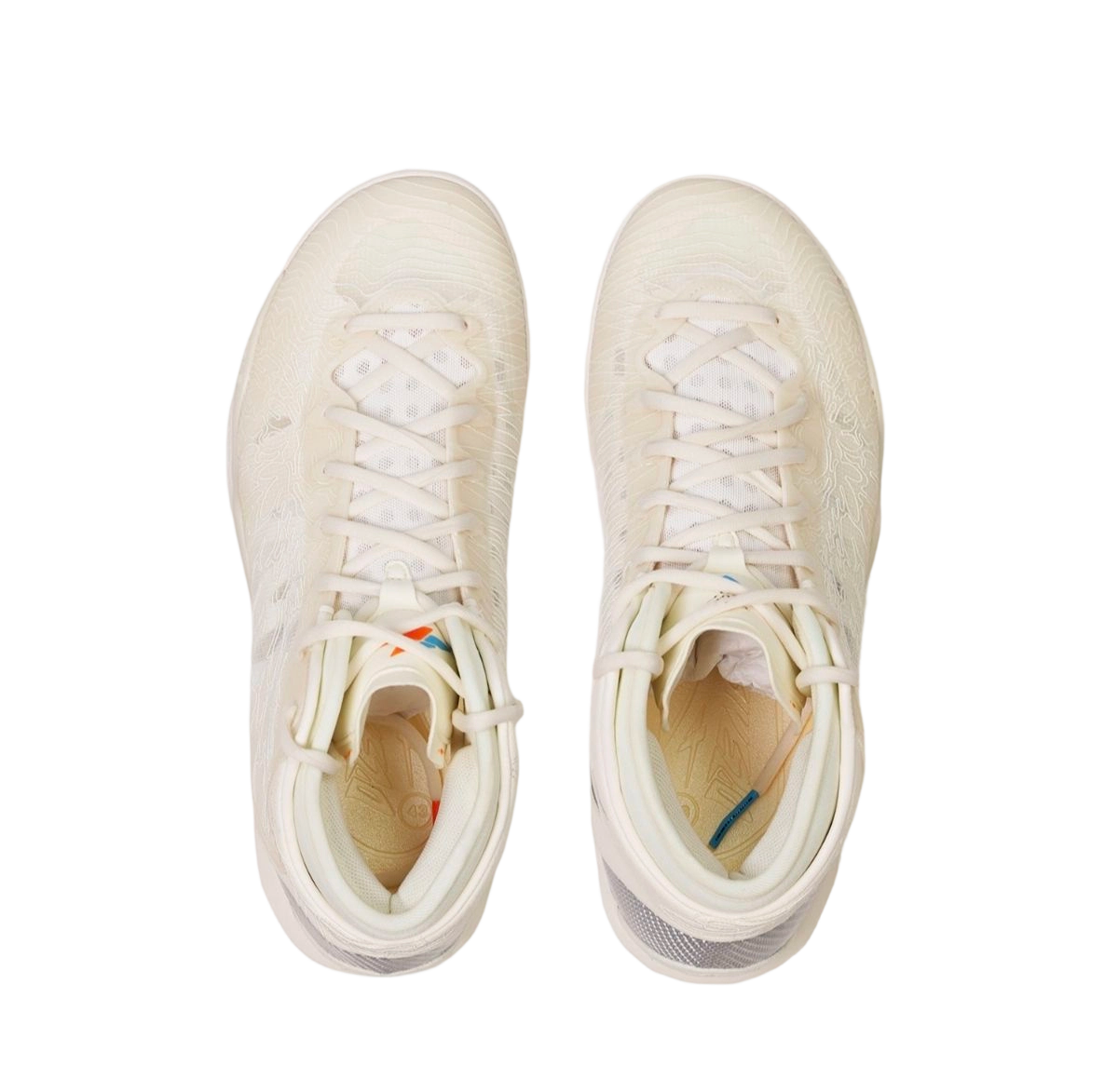 Pair of mid basketball shoes top view: cream-white lace-up with textured uppers