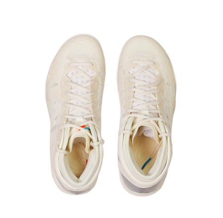 Pair of mid basketball shoes top view: cream-white lace-up with textured uppers